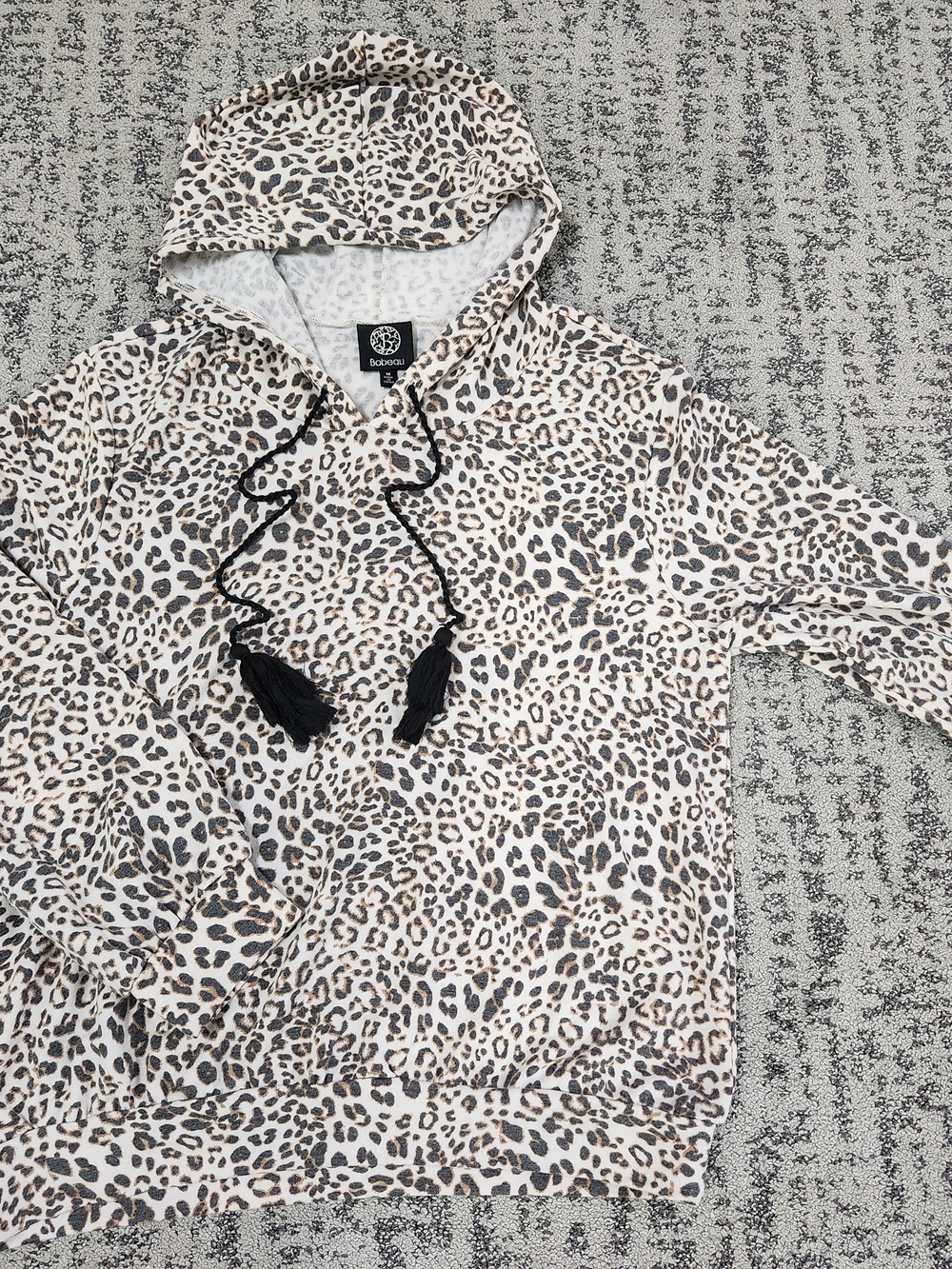 Bobeau Leopard Print Hooded Pullover in Black, Cream & Tan